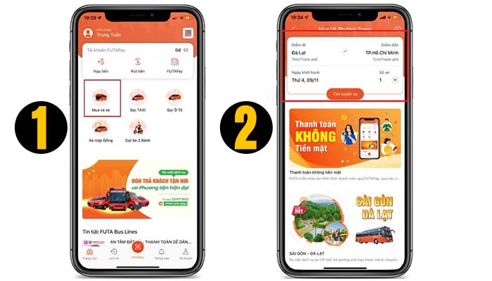 đặt v&eacute; xe phương trang qua app bước 1