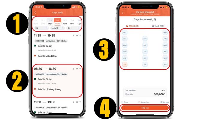 đặt v&eacute; xe phương trang qua app bước 2