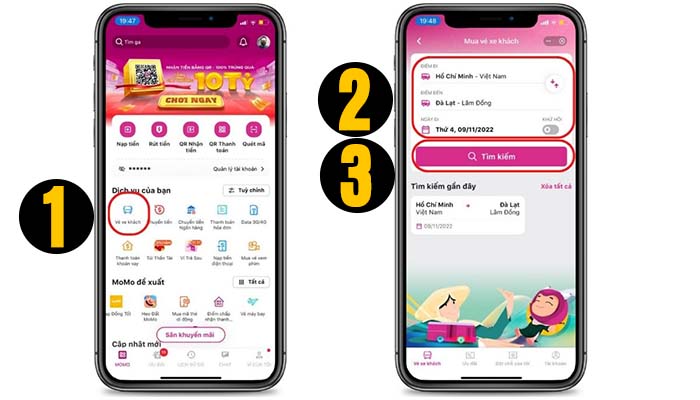 đặt v&eacute; xe phương trang online qua momo bước 1