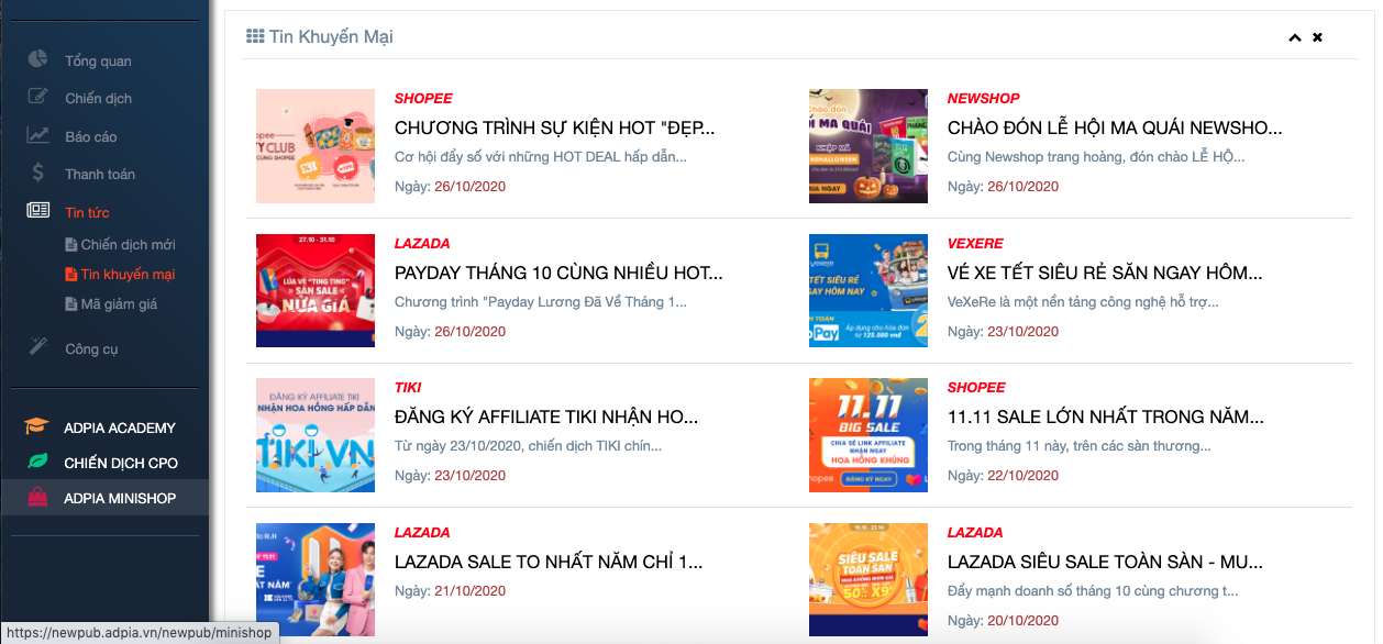 Nền tảng tiếp thị liên kết có cập nhật thông tin khuyến mãi qua email