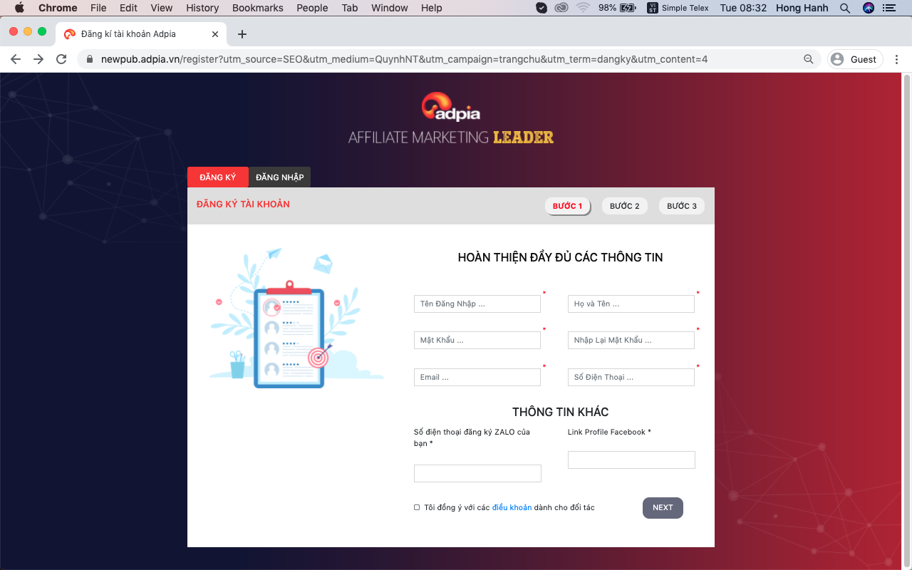 Bước 3 hướng dẫn đăng k&yacute; t&agrave;i khoản affiliate
