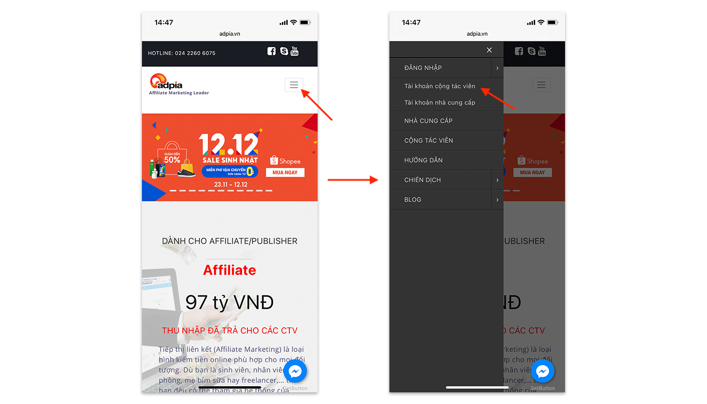 Hướng dẫn đăng k&yacute; t&agrave;i khoản affiliate marketing tr&ecirc;n di động