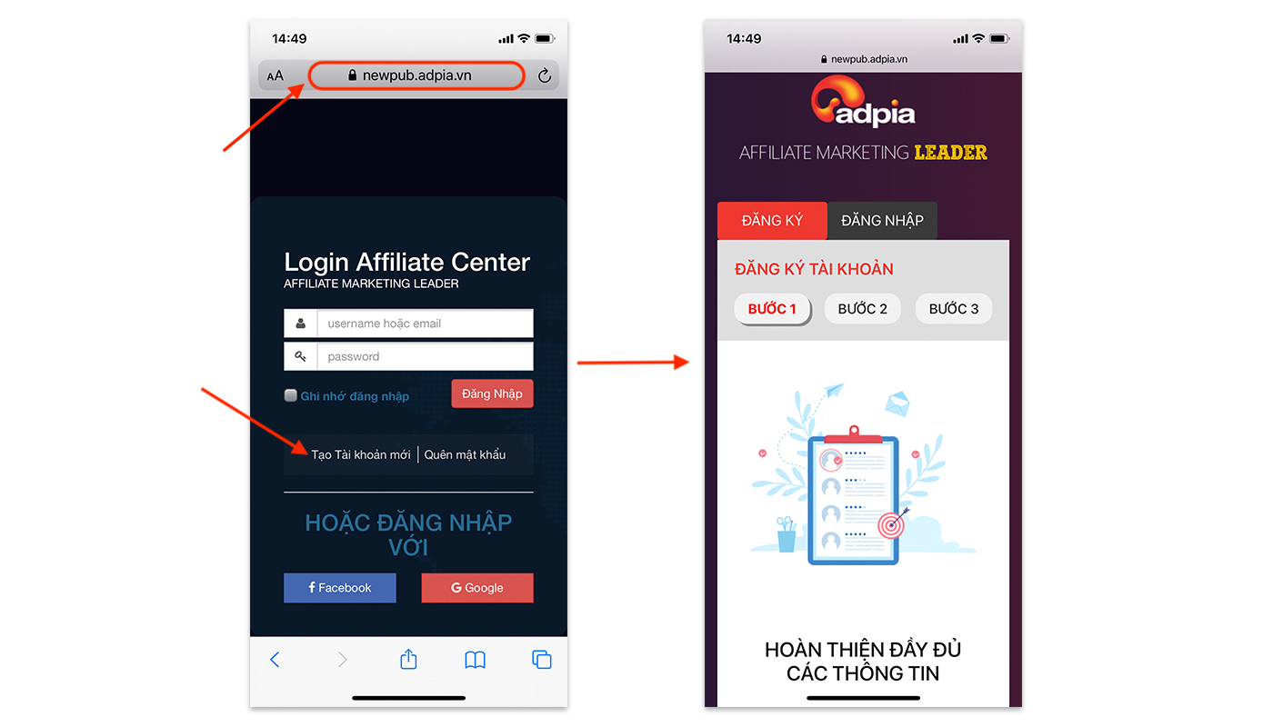 Hướng dẫn đăng k&yacute; t&agrave;i khoản affiliate marketing tr&ecirc;n di động