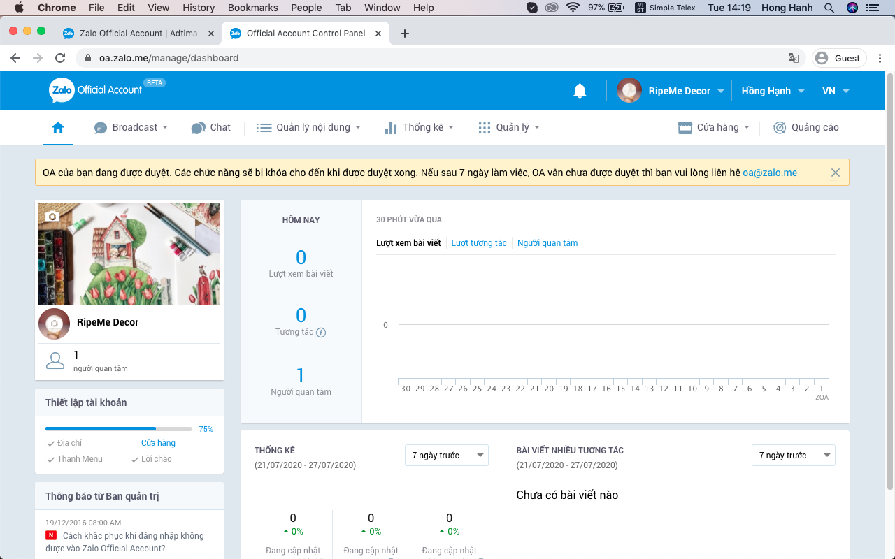 Cung cấp thông tin tạo Zalo Page