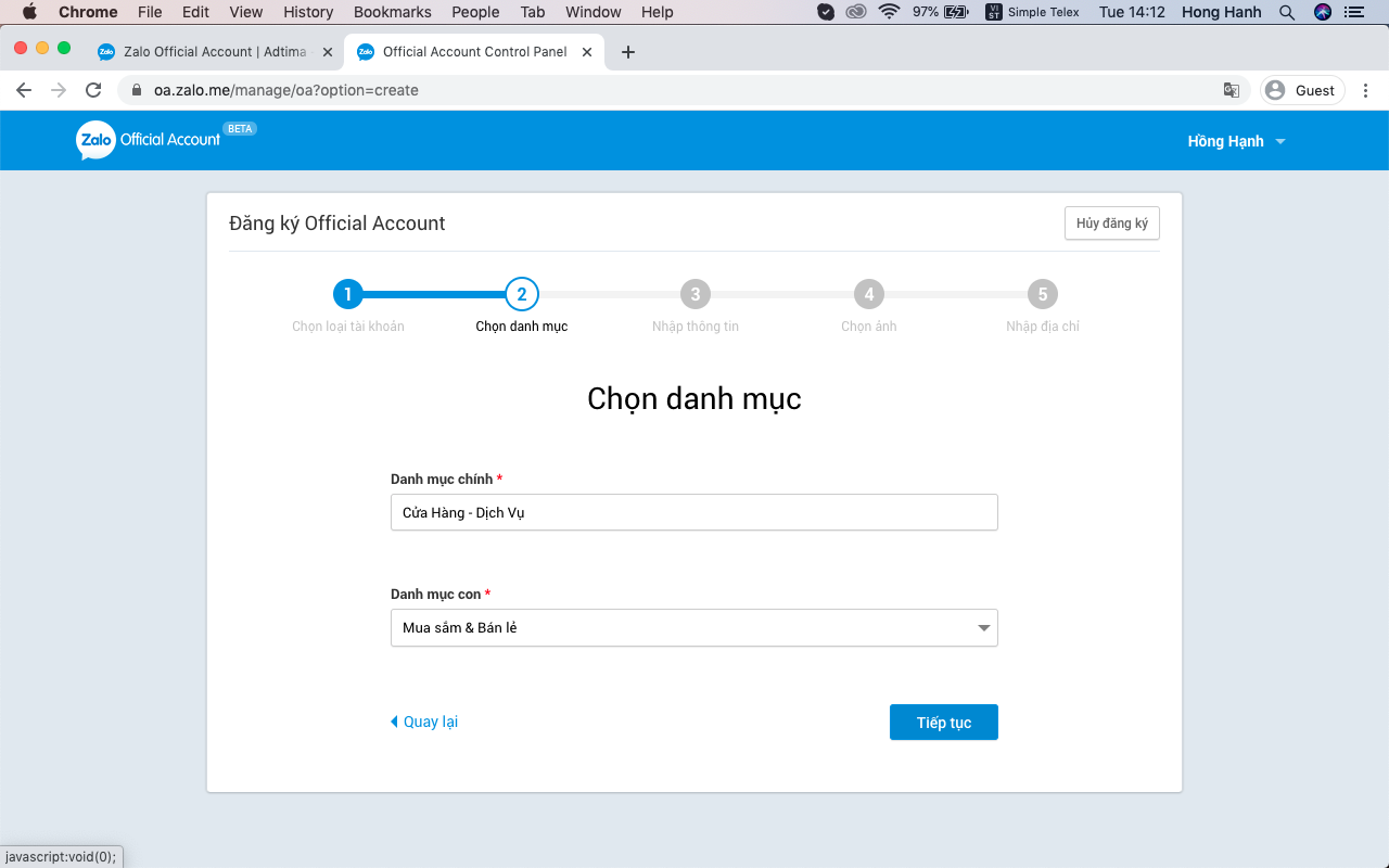 Cung cấp thông tin tạo Zalo Page