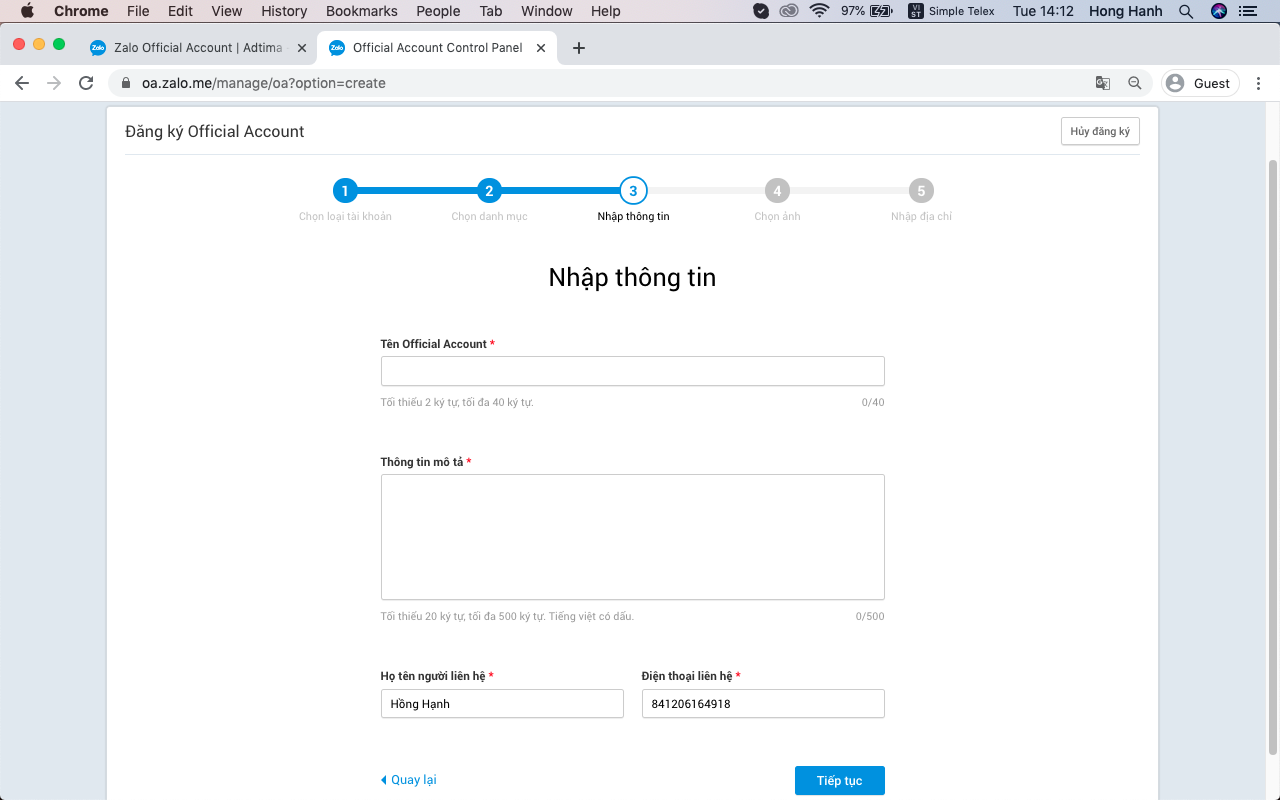 Cung cấp thông tin tạo Zalo Page