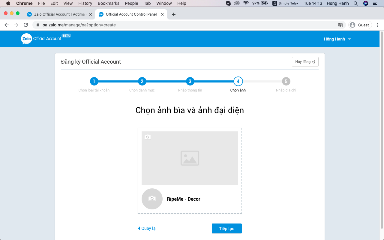 Cung cấp thông tin tạo Zalo Page