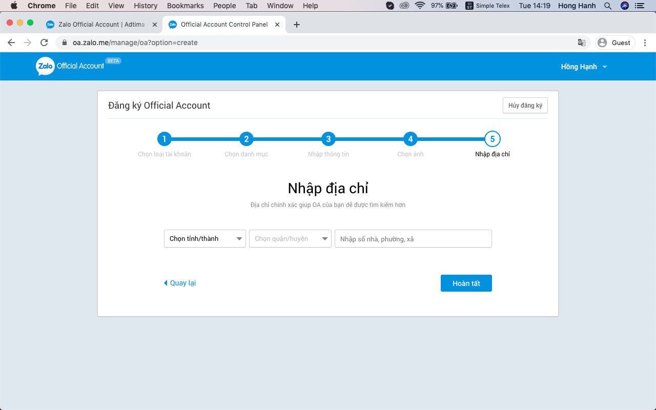 Cung cấp thông tin tạo Zalo Page